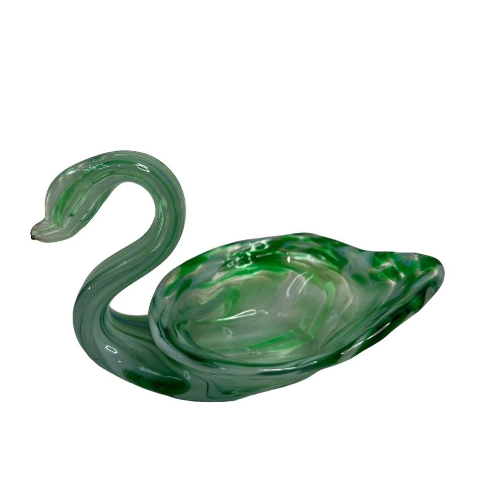 Vintage Art Glass Swan Bowl Hand Blown Green Dish Mid Century Mod Tiny 6 Inch